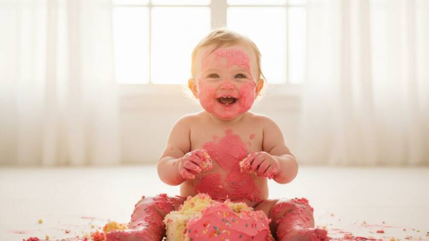 An adorable baby mid-laugh, covered in cake, celebrating their first birthday during a Mitcham Victoria first birthday cake smash photography session, with dramatic golden hour light from a large window illuminating the joyful chaos.