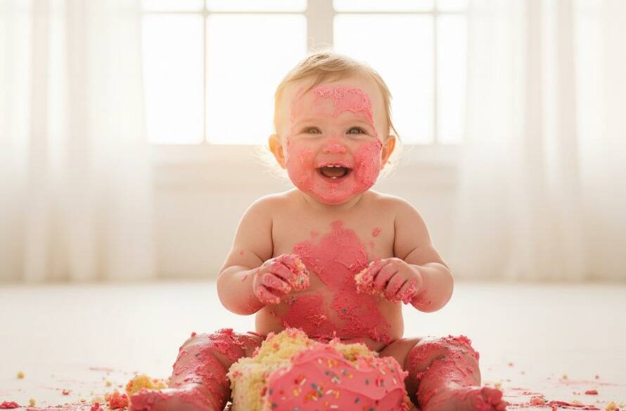 An adorable baby mid-laugh, covered in cake, celebrating their first birthday during a Mitcham Victoria first birthday cake smash photography session, with dramatic golden hour light from a large window illuminating the joyful chaos.