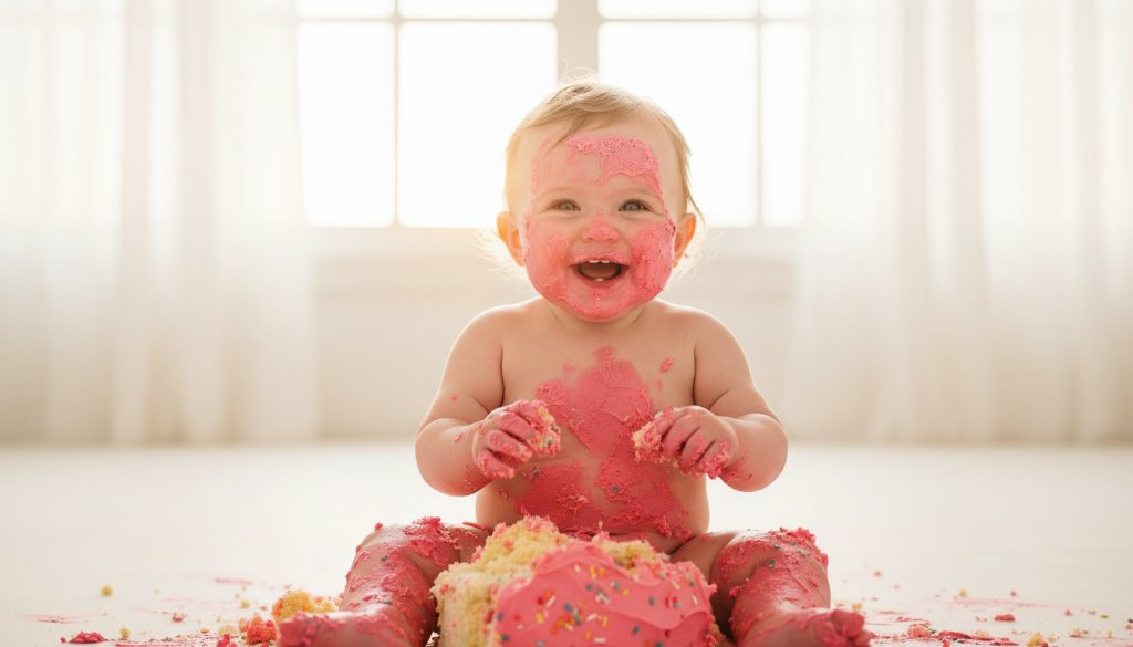 An adorable baby mid-laugh, covered in cake, celebrating their first birthday during a Mitcham Victoria first birthday cake smash photography session, with dramatic golden hour light from a large window illuminating the joyful chaos.