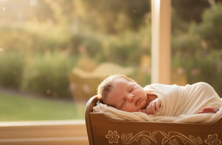 A serene, close-up portrait embodying Mitcham Victoria newborn photography gentle artistry, showing a sleeping baby swaddled in soft cream fabric, bathed in warm, ethereal window light, with delicate textures and a peaceful expression, captured with professional color grading and shallow depth of field.