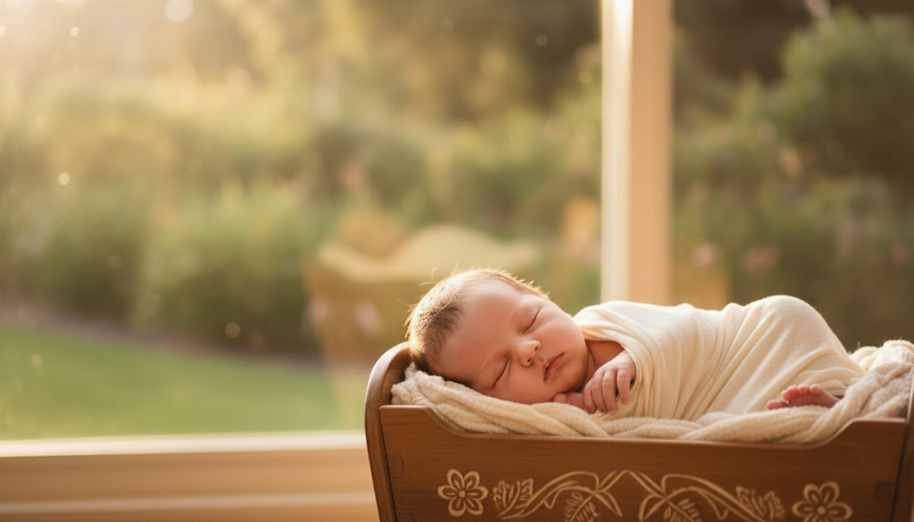 A serene, close-up portrait embodying Mitcham Victoria newborn photography gentle artistry, showing a sleeping baby swaddled in soft cream fabric, bathed in warm, ethereal window light, with delicate textures and a peaceful expression, captured with professional color grading and shallow depth of field.