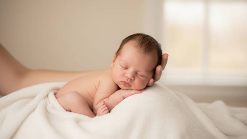 A serene and emotionally resonant 'epic moment' photograph capturing a newborn baby's tiny hand gently grasping a parent's finger, bathed in soft, natural light, epitomising Mitcham Victoria newborn photography organic timeless style. The scene is tender and intimate, with shallow depth of field, showcasing the delicate details of the baby in a beautifully composed shot.