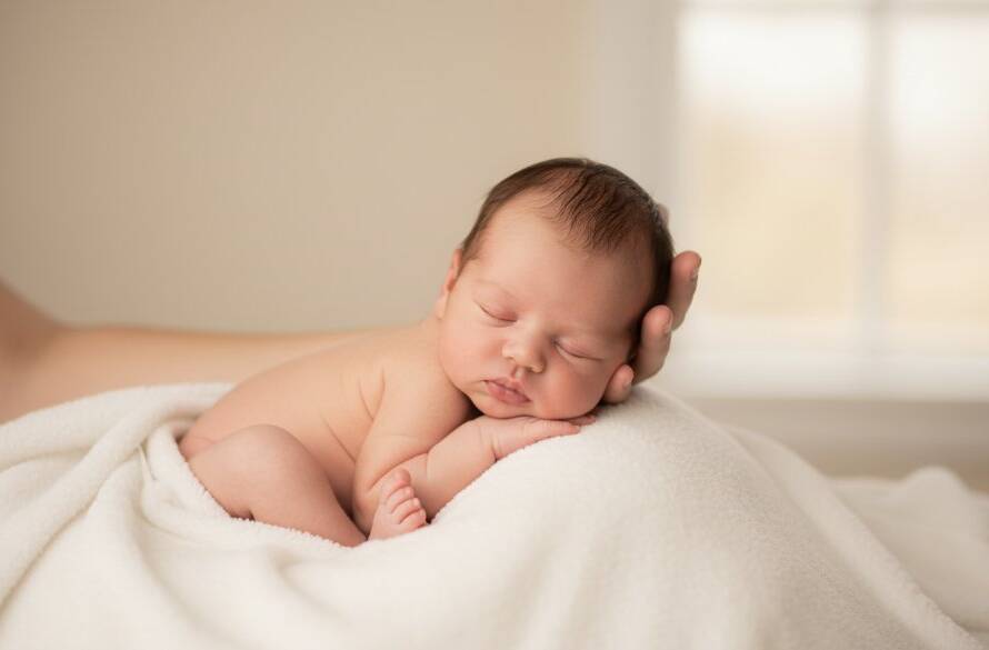 A serene and emotionally resonant 'epic moment' photograph capturing a newborn baby's tiny hand gently grasping a parent's finger, bathed in soft, natural light, epitomising Mitcham Victoria newborn photography organic timeless style. The scene is tender and intimate, with shallow depth of field, showcasing the delicate details of the baby in a beautifully composed shot.