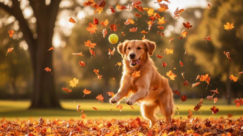An epic moment of a golden retriever joyfully leaping through autumn leaves in a sun-drenched park in Mitcham, Victoria, a perfect example of Mitcham Victoria pet photography capturing joyful moments. The dog's fur glows under dramatic, golden hour light, with warm, professional colour grading and a shallow depth of field, showcasing pure canine happiness.