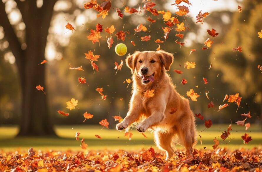 An epic moment of a golden retriever joyfully leaping through autumn leaves in a sun-drenched park in Mitcham, Victoria, a perfect example of Mitcham Victoria pet photography capturing joyful moments. The dog's fur glows under dramatic, golden hour light, with warm, professional colour grading and a shallow depth of field, showcasing pure canine happiness.
