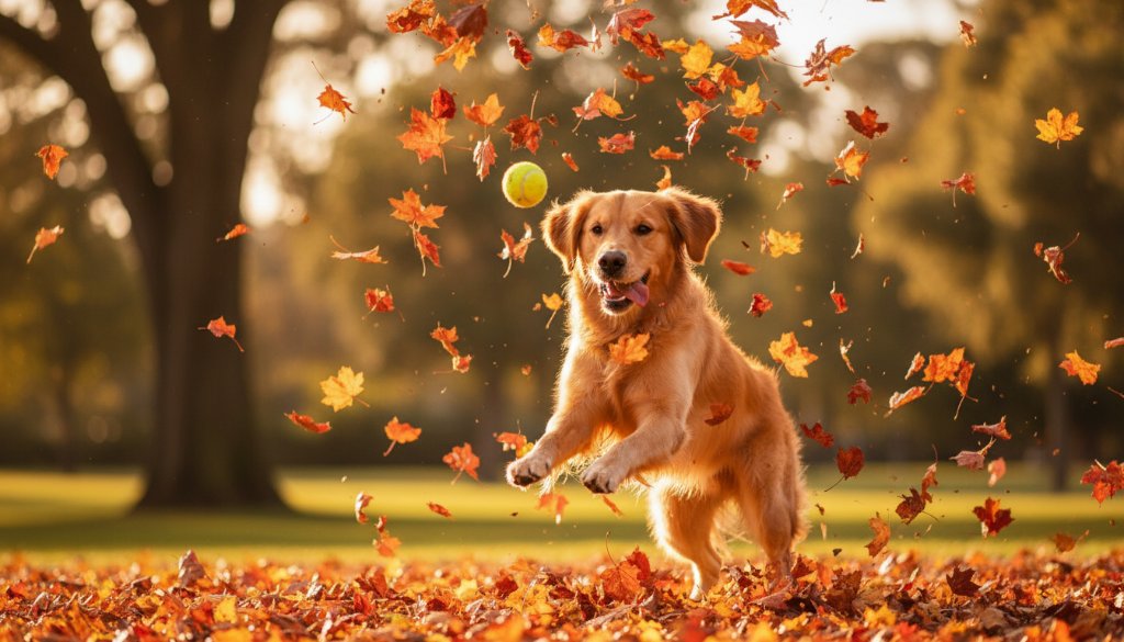 An epic moment of a golden retriever joyfully leaping through autumn leaves in a sun-drenched park in Mitcham, Victoria, a perfect example of Mitcham Victoria pet photography capturing joyful moments. The dog's fur glows under dramatic, golden hour light, with warm, professional colour grading and a shallow depth of field, showcasing pure canine happiness.