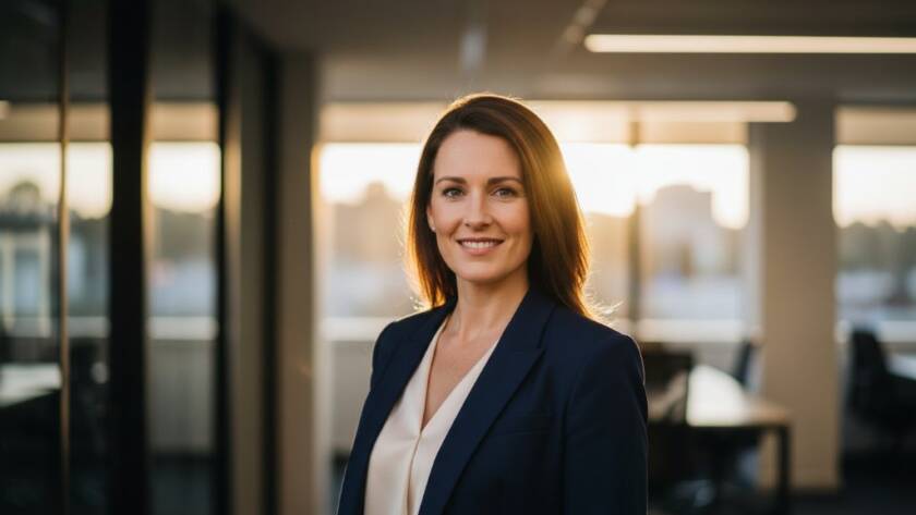 Dramatic portrait of a confident business leader in Mitcham, Victoria, captured during a professional corporate headshots session, with strong backlighting highlighting their silhouette against a modern office backdrop, conveying power and approachability.