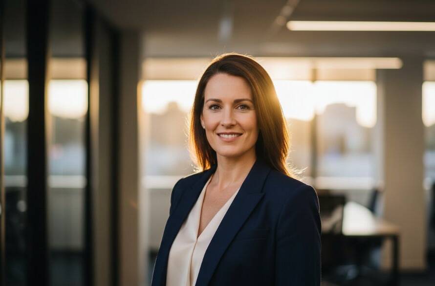 Dramatic portrait of a confident business leader in Mitcham, Victoria, captured during a professional corporate headshots session, with strong backlighting highlighting their silhouette against a modern office backdrop, conveying power and approachability.