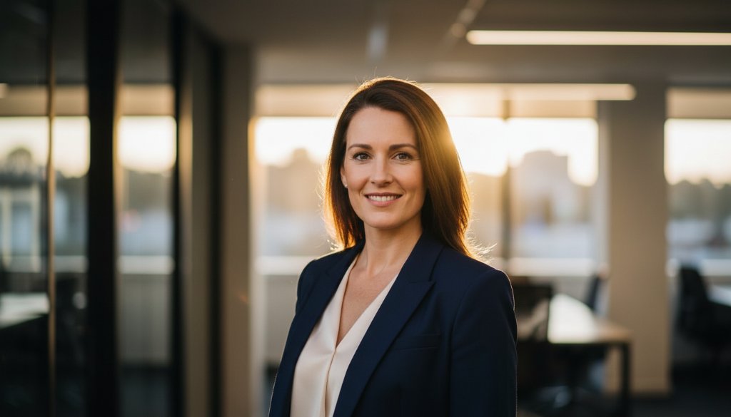 Dramatic portrait of a confident business leader in Mitcham, Victoria, captured during a professional corporate headshots session, with strong backlighting highlighting their silhouette against a modern office backdrop, conveying power and approachability.