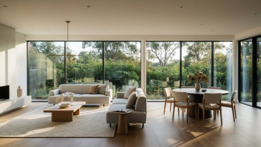 A breathtaking, wide-angle shot of a luxurious, sun-drenched living room in a modern Mitcham home, expertly staged with natural light streaming through large windows, showcasing professional Mitcham Victoria property photography boosting sales appeal with a warm, inviting atmosphere, captured at dusk.