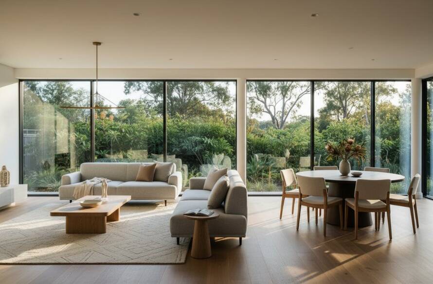 A breathtaking, wide-angle shot of a luxurious, sun-drenched living room in a modern Mitcham home, expertly staged with natural light streaming through large windows, showcasing professional Mitcham Victoria property photography boosting sales appeal with a warm, inviting atmosphere, captured at dusk.