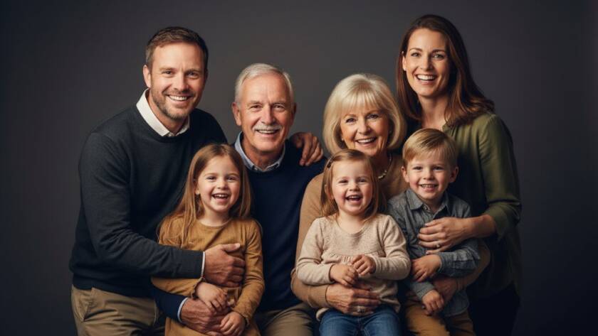 A heartwarming, professional studio photograph of a Mitcham Victoria family. Parents joyfully embrace their children, all looking at the camera with genuine smiles, captured with dramatic, soft lighting and rich colour grading, embodying the spirit of Mitcham Victoria studio family portraits and creating an epic, timeless family legacy moment.