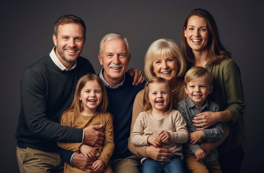 A heartwarming, professional studio photograph of a Mitcham Victoria family. Parents joyfully embrace their children, all looking at the camera with genuine smiles, captured with dramatic, soft lighting and rich colour grading, embodying the spirit of Mitcham Victoria studio family portraits and creating an epic, timeless family legacy moment.