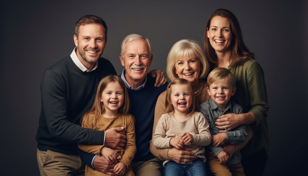 A heartwarming, professional studio photograph of a Mitcham Victoria family. Parents joyfully embrace their children, all looking at the camera with genuine smiles, captured with dramatic, soft lighting and rich colour grading, embodying the spirit of Mitcham Victoria studio family portraits and creating an epic, timeless family legacy moment.