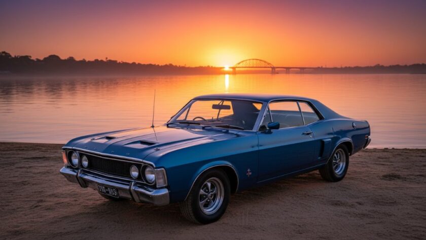 An epic moment captured: a classic muscle car gleaming under the golden light of a Moama automotive photography Murray River sunset, parked majestically by the historic Moama Wharf with reflections shimmering on the water, showcasing its powerful silhouette against the vibrant sky.