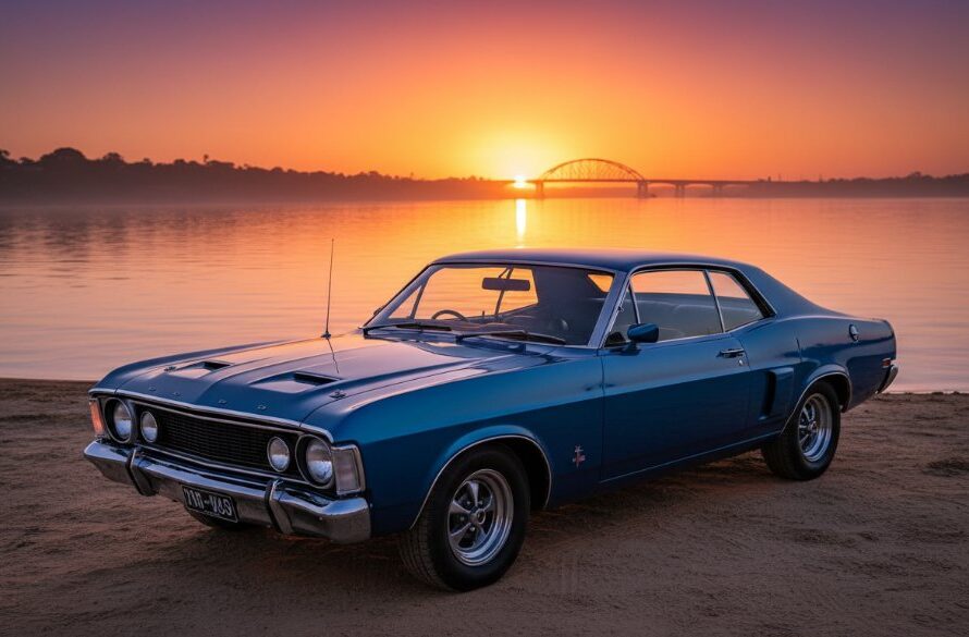 An epic moment captured: a classic muscle car gleaming under the golden light of a Moama automotive photography Murray River sunset, parked majestically by the historic Moama Wharf with reflections shimmering on the water, showcasing its powerful silhouette against the vibrant sky.