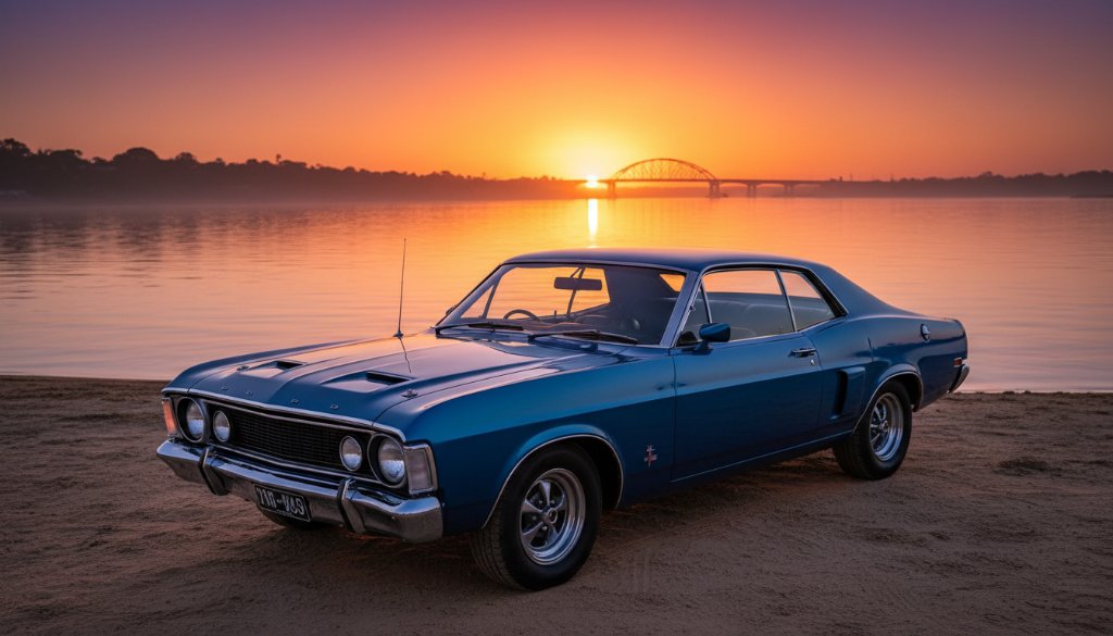 An epic moment captured: a classic muscle car gleaming under the golden light of a Moama automotive photography Murray River sunset, parked majestically by the historic Moama Wharf with reflections shimmering on the water, showcasing its powerful silhouette against the vibrant sky.