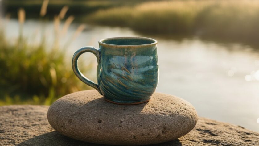 A dramatic close-up shot of a handcrafted ceramic vase, reflecting the golden hour light of the Murray River, highlighting the intricate details of Moama bespoke product photography local artisans, with a blurred natural riverbank in the background, conveying artisanal quality.