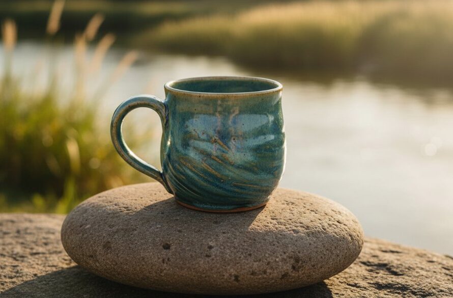 A dramatic close-up shot of a handcrafted ceramic vase, reflecting the golden hour light of the Murray River, highlighting the intricate details of Moama bespoke product photography local artisans, with a blurred natural riverbank in the background, conveying artisanal quality.