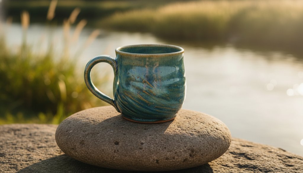 A dramatic close-up shot of a handcrafted ceramic vase, reflecting the golden hour light of the Murray River, highlighting the intricate details of Moama bespoke product photography local artisans, with a blurred natural riverbank in the background, conveying artisanal quality.