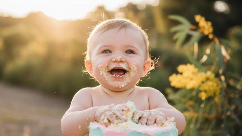 A delighted baby, covered in frosting from an epic Moama border baby cake smash photography session, giggles amidst pastel balloons and soft natural light, celebrating their first birthday with messy joy.