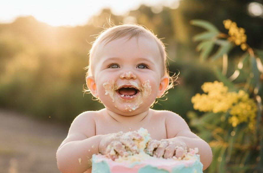 A delighted baby, covered in frosting from an epic Moama border baby cake smash photography session, giggles amidst pastel balloons and soft natural light, celebrating their first birthday with messy joy.