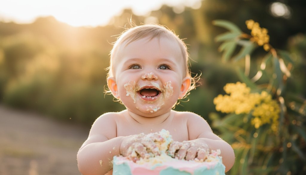 A delighted baby, covered in frosting from an epic Moama border baby cake smash photography session, giggles amidst pastel balloons and soft natural light, celebrating their first birthday with messy joy.