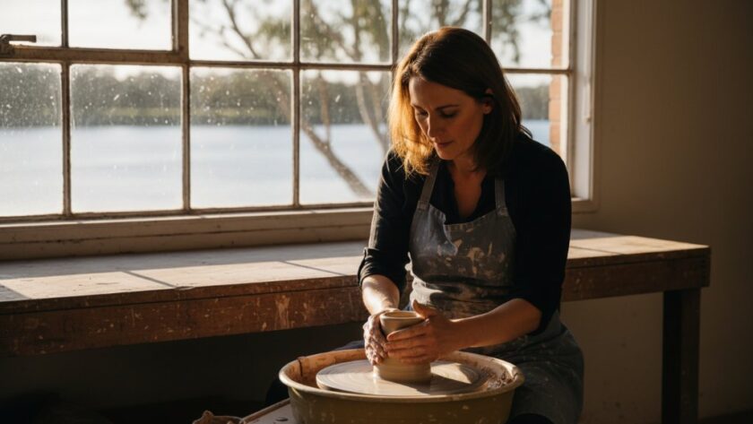 Dramatic, cinematic shot of a Moama business owner passionately working on their craft by the Murray River, showcasing authentic local businesses through professional branding photography. Golden hour light illuminates their focused expression and the unique tools of their trade, with the iconic river landscape in the soft background.