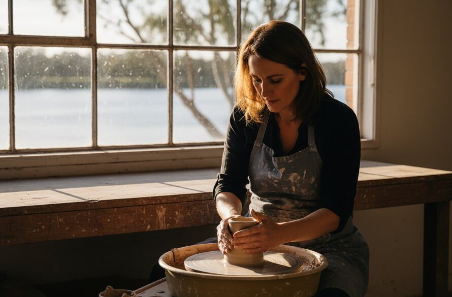 Dramatic, cinematic shot of a Moama business owner passionately working on their craft by the Murray River, showcasing authentic local businesses through professional branding photography. Golden hour light illuminates their focused expression and the unique tools of their trade, with the iconic river landscape in the soft background.