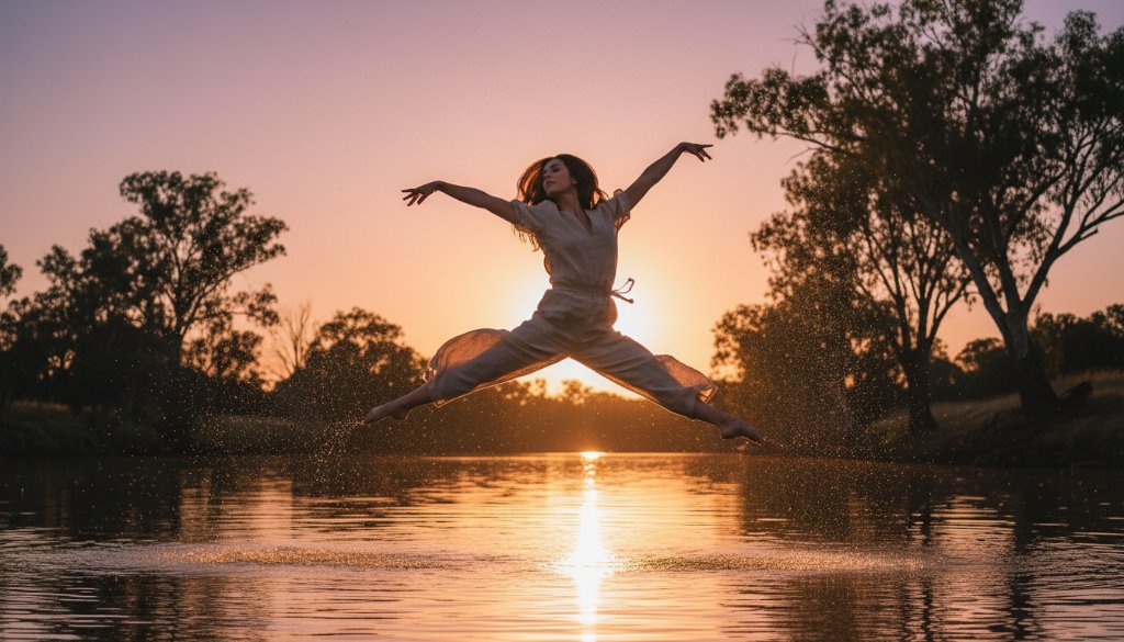 A powerful Moama contemporary dance photography Murray River shot featuring a dancer mid-leap at sunset, with the golden glow reflecting off the river, capturing an epic moment of strength and artistry.