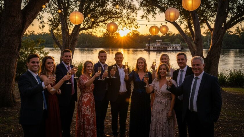 Professional Moama event photography capturing authentic moments as guests celebrate joyfully under dramatic evening lights at a riverside venue on the Murray, creating a cinematic, memorable 'epic moment' shot.