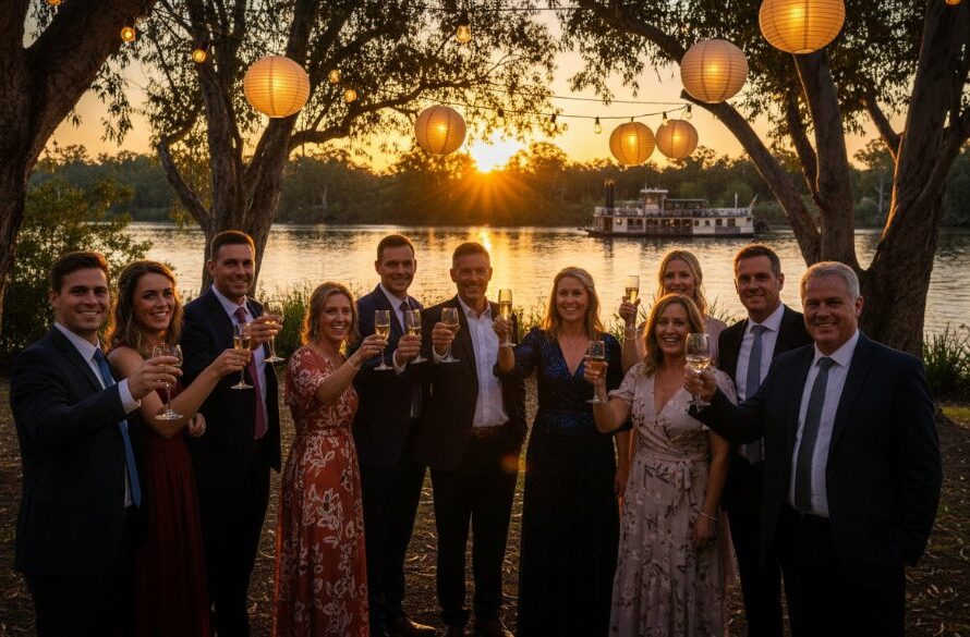 Professional Moama event photography capturing authentic moments as guests celebrate joyfully under dramatic evening lights at a riverside venue on the Murray, creating a cinematic, memorable 'epic moment' shot.