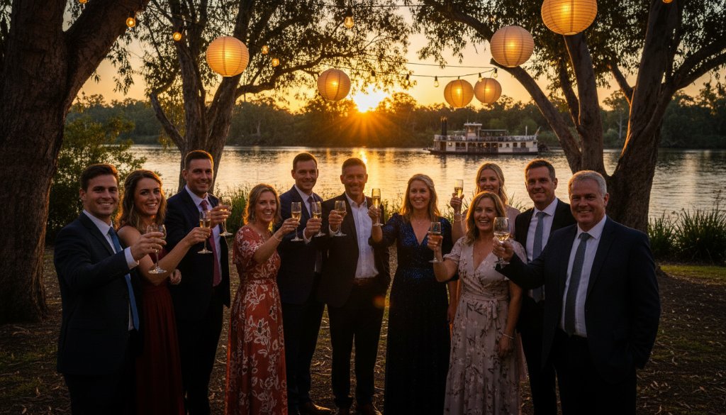 Professional Moama event photography capturing authentic moments as guests celebrate joyfully under dramatic evening lights at a riverside venue on the Murray, creating a cinematic, memorable 'epic moment' shot.