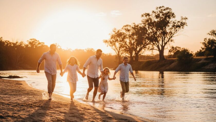 An emotional, golden hour Moama family photography capturing genuine riverside joy, with parents embracing their laughing children by the Murray River, dramatic lens flare, warm glow, professional color grading, cinematic style.