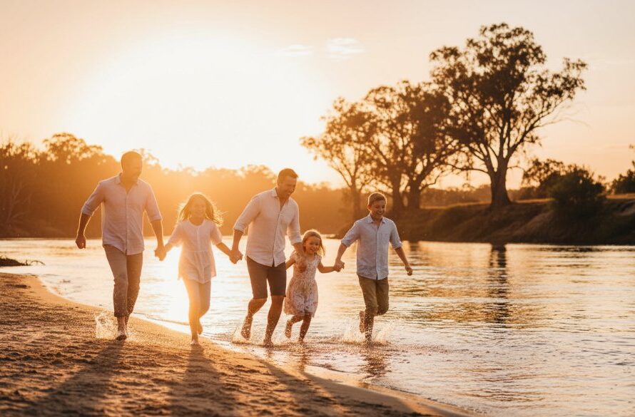 An emotional, golden hour Moama family photography capturing genuine riverside joy, with parents embracing their laughing children by the Murray River, dramatic lens flare, warm glow, professional color grading, cinematic style.