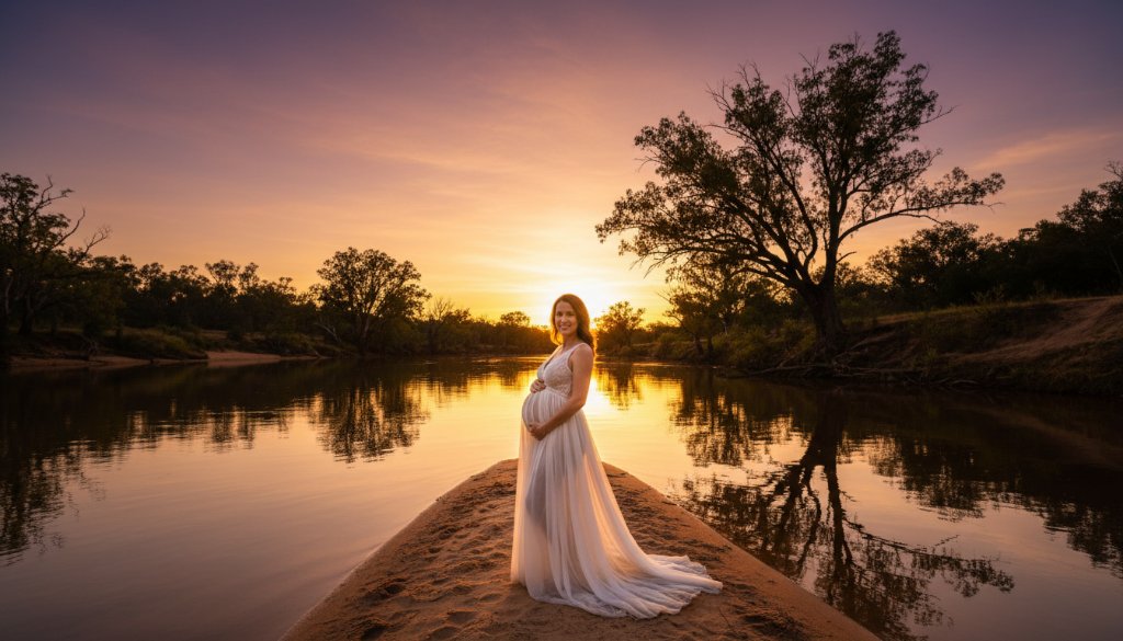An epic wide-shot Moama maternity photography riverland portraits, featuring a pregnant woman in a flowing gown standing gracefully on a sandbank at sunset, with the golden light reflecting off the Murray River and a majestic eucalypt silhouetted in the background, capturing serene expectant joy.