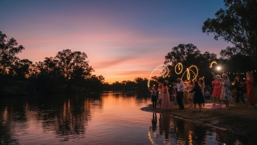 An epic wide-angle shot of a lively outdoor party at sunset, featuring joyful guests dancing with sparklers near the Murray River in Moama, perfectly showcasing Moama Party Photography: Capturing Vibrant NSW Border Fun with professional lighting and vibrant colours.