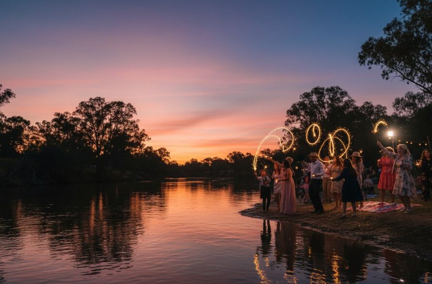 An epic wide-angle shot of a lively outdoor party at sunset, featuring joyful guests dancing with sparklers near the Murray River in Moama, perfectly showcasing Moama Party Photography: Capturing Vibrant NSW Border Fun with professional lighting and vibrant colours.