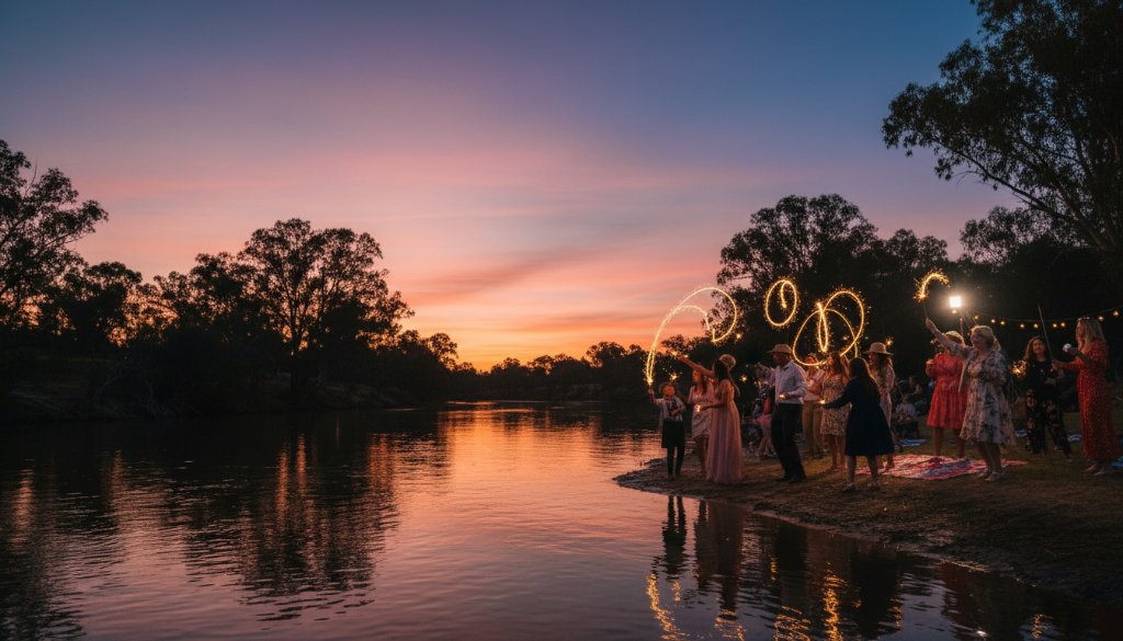 An epic wide-angle shot of a lively outdoor party at sunset, featuring joyful guests dancing with sparklers near the Murray River in Moama, perfectly showcasing Moama Party Photography: Capturing Vibrant NSW Border Fun with professional lighting and vibrant colours.