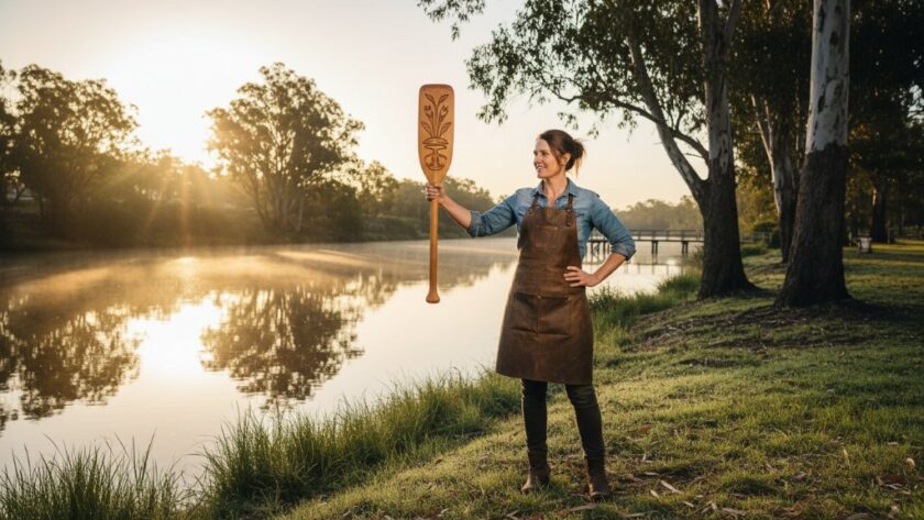 Dramatic wide shot of a local Moama business owner proudly showcasing their artisanal product amidst the warm, golden light of a sunrise over the Murray River, capturing the essence of Moama professional commercial photography for local businesses with a strong, authentic brand narrative.