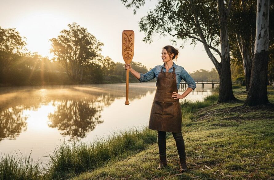 Dramatic wide shot of a local Moama business owner proudly showcasing their artisanal product amidst the warm, golden light of a sunrise over the Murray River, capturing the essence of Moama professional commercial photography for local businesses with a strong, authentic brand narrative.