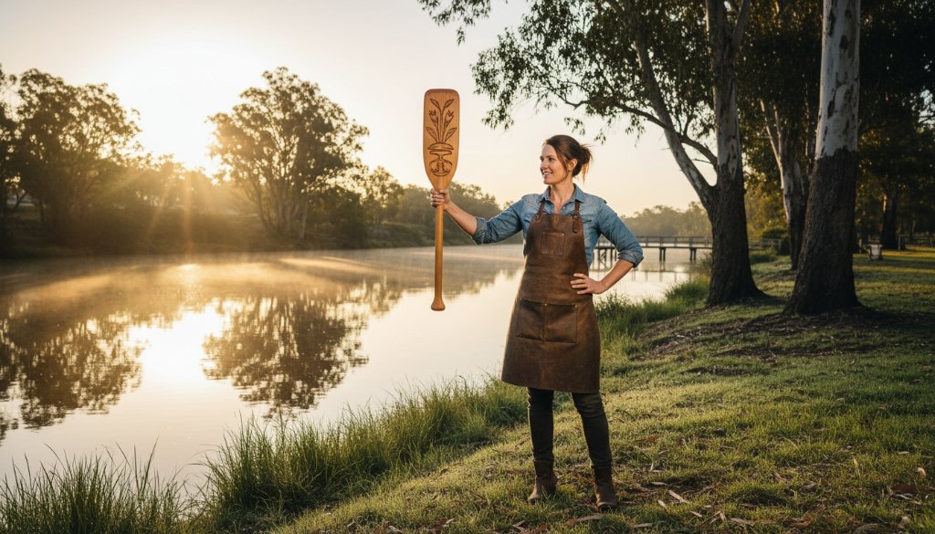 Dramatic wide shot of a local Moama business owner proudly showcasing their artisanal product amidst the warm, golden light of a sunrise over the Murray River, capturing the essence of Moama professional commercial photography for local businesses with a strong, authentic brand narrative.