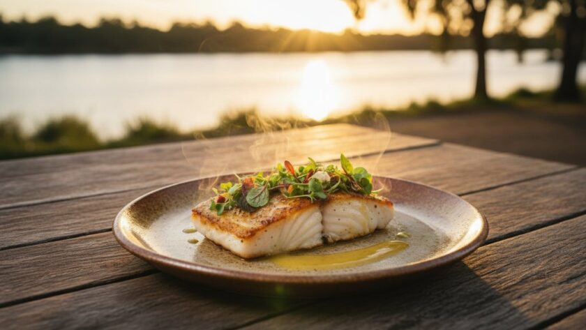 Moama professional food photography capturing regional Victorian flavours: Sizzling Murray Cod dish on a rustic table, warm Moama sunset glow.