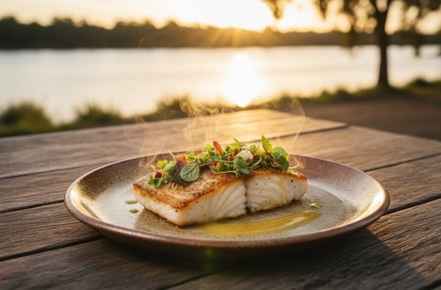 Moama professional food photography capturing regional Victorian flavours: Sizzling Murray Cod dish on a rustic table, warm Moama sunset glow.