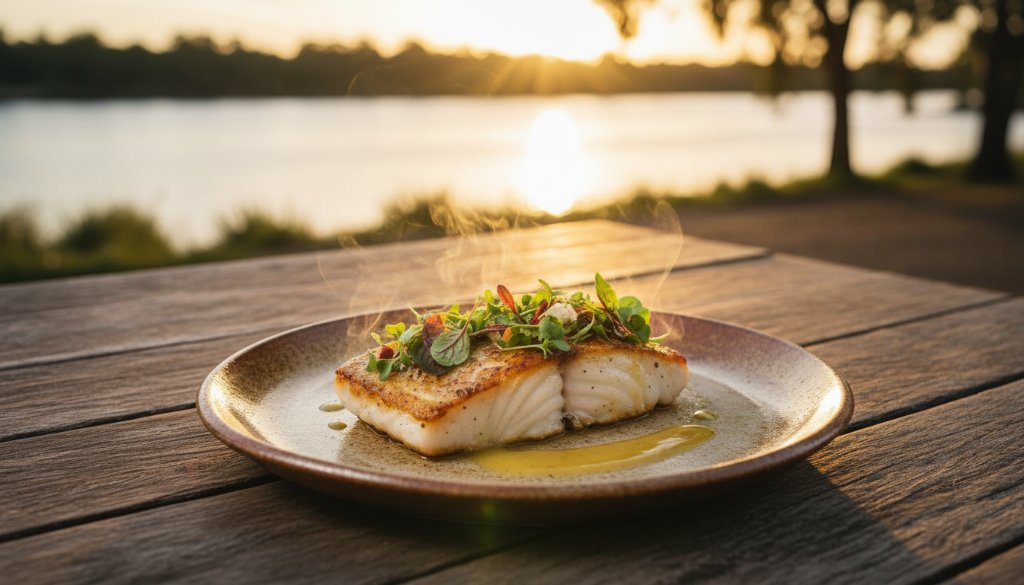 Moama professional food photography capturing regional Victorian flavours: Sizzling Murray Cod dish on a rustic table, warm Moama sunset glow.