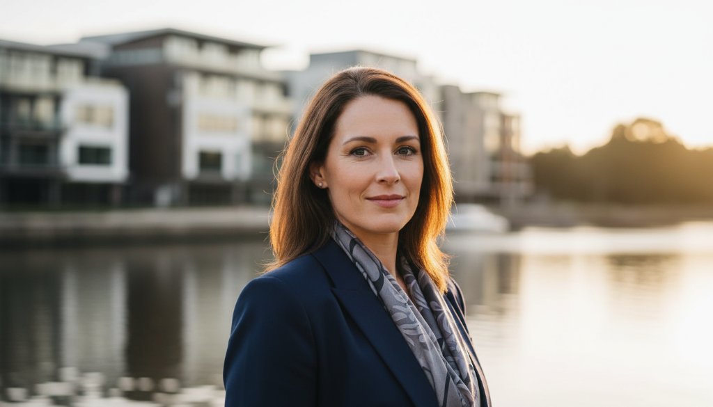 Dramatic portrait of a confident business professional in Moama, NSW border, captured as an epic moment, conveying strength and ambition for career advancement, showcasing expert lighting and professional colour grading.