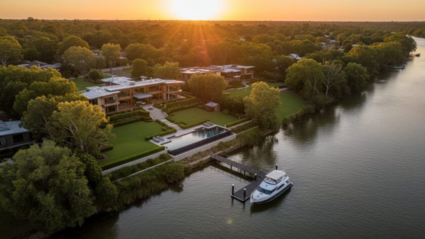 An aerial shot capturing the golden hour over a luxurious Moama riverfront property, showcasing its expansive grounds, private jetty, and the shimmering Murray River, highlighting Moama riverfront property photography secrets in an epic moment.