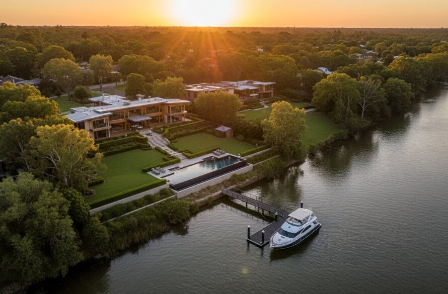 An aerial shot capturing the golden hour over a luxurious Moama riverfront property, showcasing its expansive grounds, private jetty, and the shimmering Murray River, highlighting Moama riverfront property photography secrets in an epic moment.
