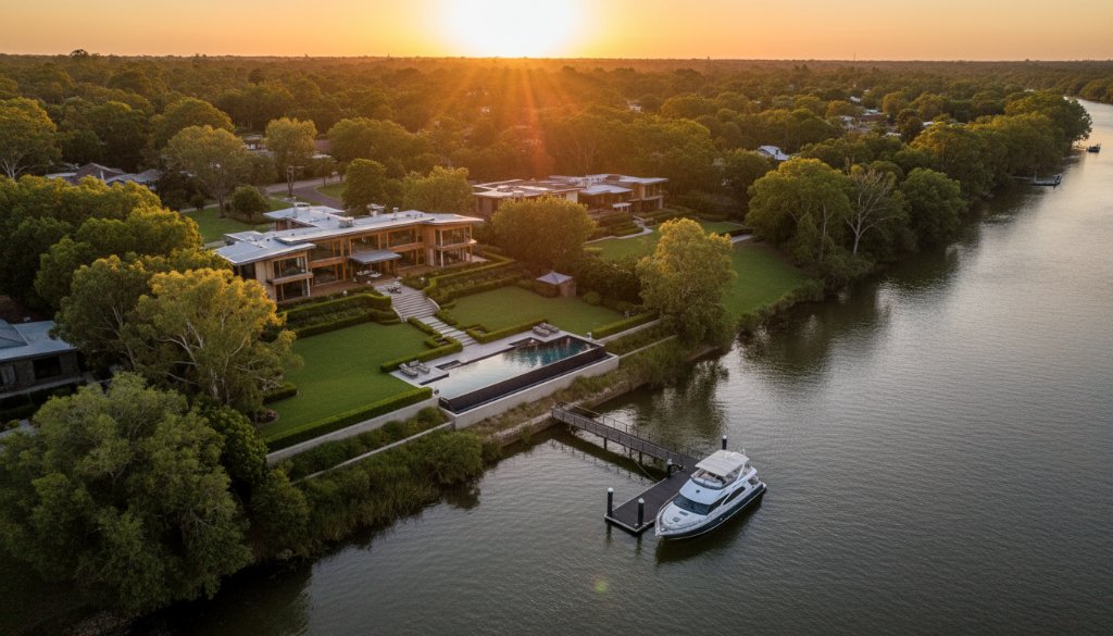 An aerial shot capturing the golden hour over a luxurious Moama riverfront property, showcasing its expansive grounds, private jetty, and the shimmering Murray River, highlighting Moama riverfront property photography secrets in an epic moment.