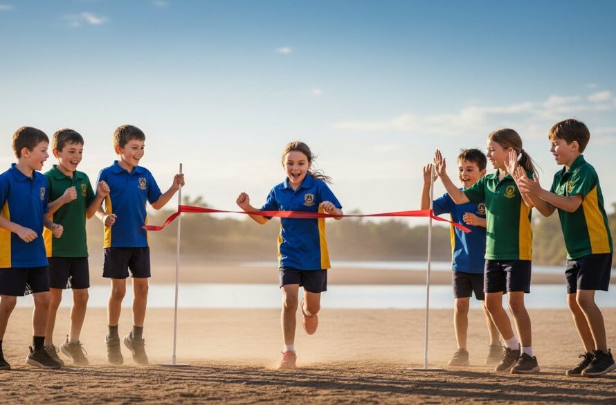 A vibrant, dramatic photograph capturing Moama school photography authentic moments, featuring a diverse group of primary school children laughing and playing freely on a sunny day with the iconic Murray River in the background, bathed in warm, golden hour light, showcasing their genuine joy and connection, with professional colour grading.